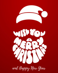 Merry Christmas. Lettering with Santa Claus beard on red background