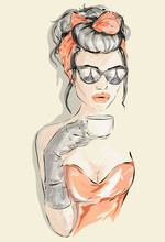 Beautiful Woman With Eiffel Tower Mirror In Her Eyeglasses Takes Her Morning Cup Of Tea At Paris Cafe, Vector Illustration