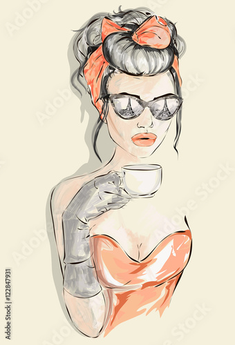 Fototapeta na wymiar Beautiful woman with Eiffel tower mirror in her eyeglasses takes her morning cup of tea at Paris cafe, vector illustration