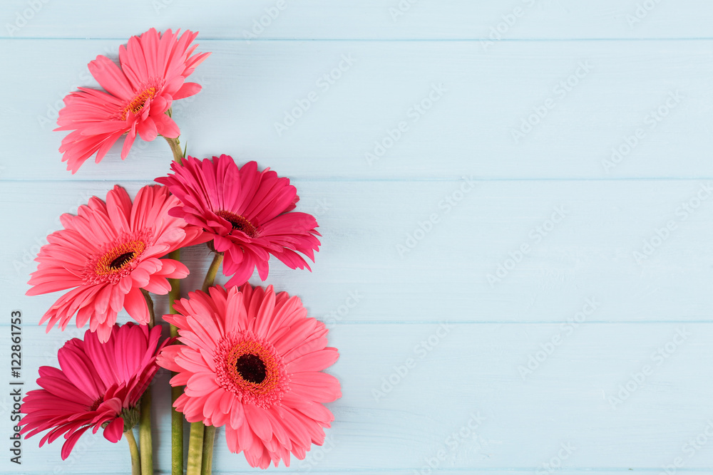 Pink flowers on wooden background