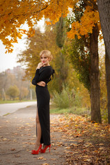 beautiful blonde girl in a black dress with orange maple backgro