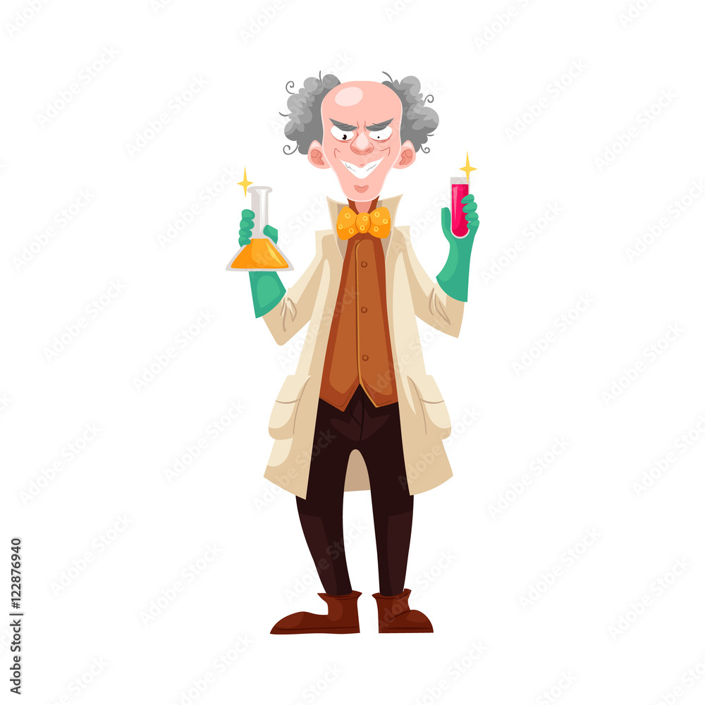 Mad professor in lab coat and green rubber gloves holding flasks ...