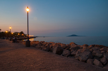 Romantic waterfront promenade at twilight on the Loreto  Malicon, Baja Mexico