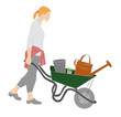 young woman pushing a wheelbarrow with garden tools isolated on white background. vector illustration