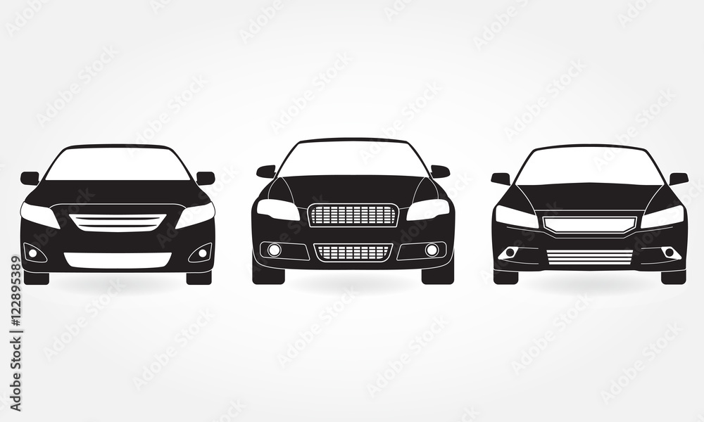 Car icon set. Front view. Vector black vehicle silhouette isolated on ...