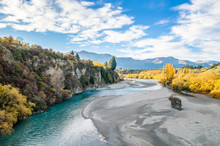 Beautiful View From The Historic Bridge Over Shotover River In Arrowtown, New Zealand.