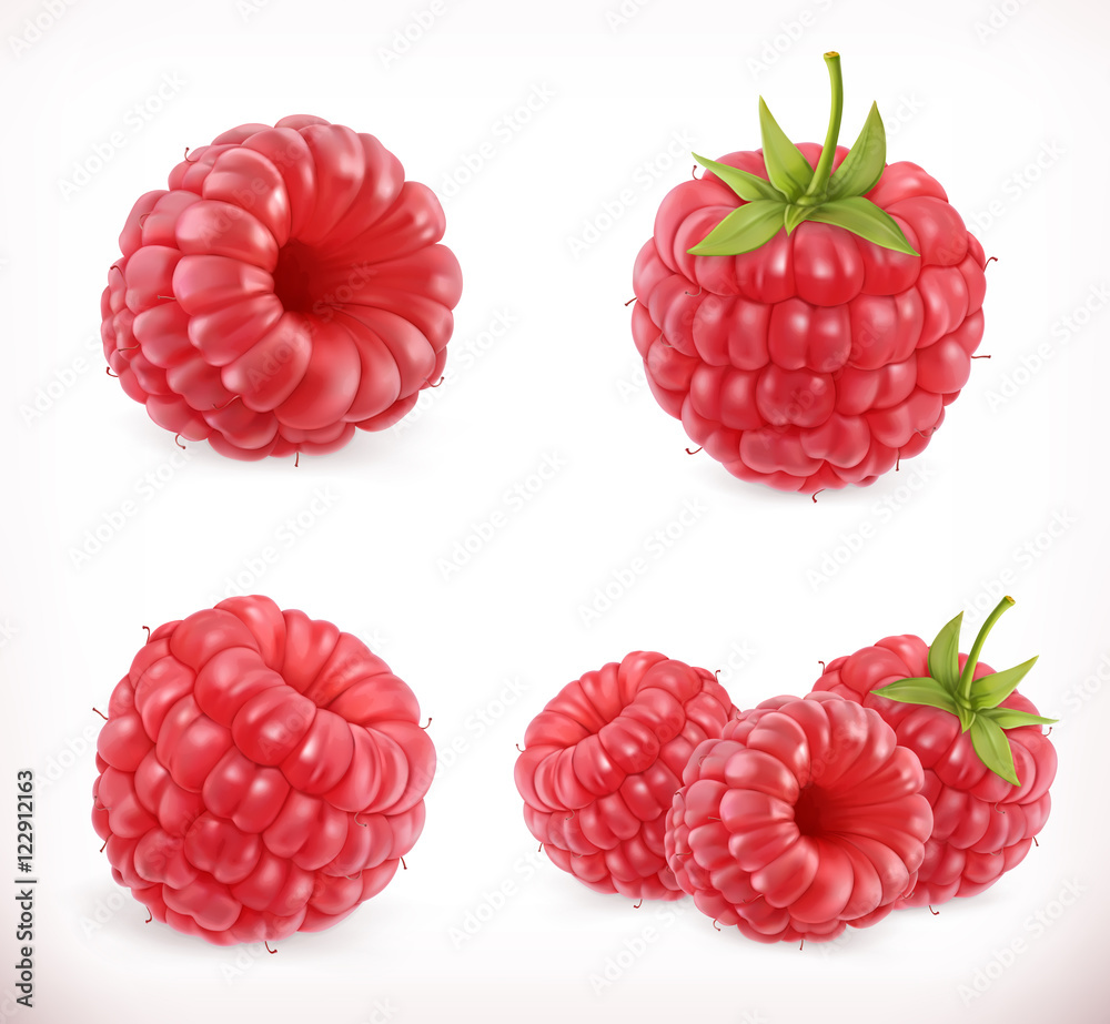 Raspberry. Sweet fruit. 3d vector icons set. Realistic illustration - obrazy, fototapety, plakaty 