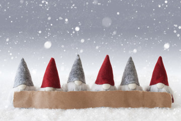 gnomes, silver background, snowflakes, copy space