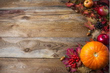 Thanksgiving  Or Fall Greeting Background With Pumpkins And Fall