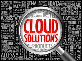 Poster - Cloud Solutions word cloud with magnifying glass, business concept 3D illustration