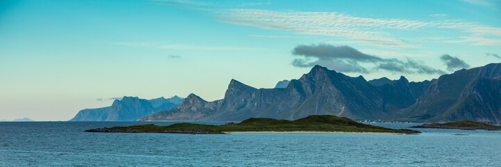  Panoramic view at fjord with rocks, Rocky beach. Beautiful nature Norway