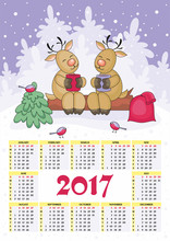 Calendar For 2017 With The Image Of Funny Animals And Christmas Tree