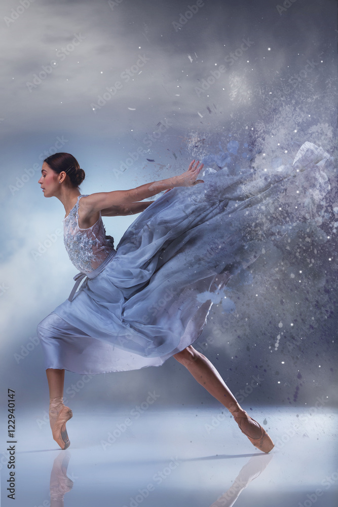 The beautiful ballerina dancing in blue long dress  - obrazy, fototapety, plakaty 