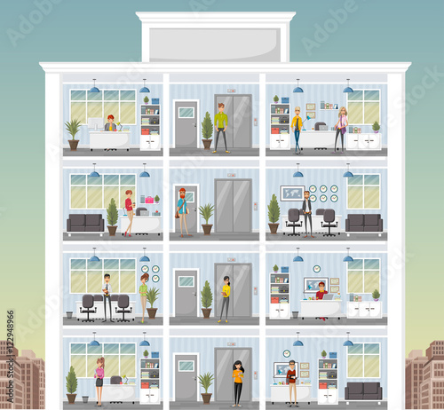 Building with cartoon business people working in office workspace. Business w...