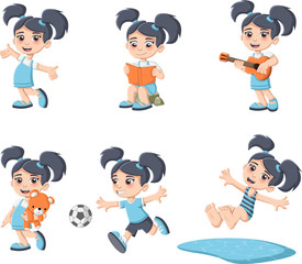 Wall Mural - Cute happy cartoon girl playing. Sports and toys.
