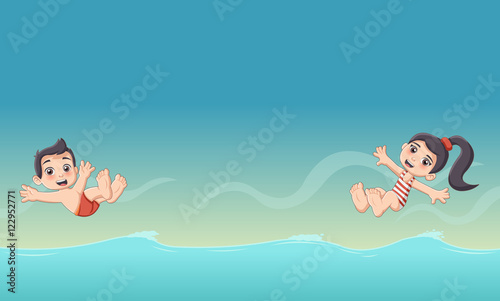 Cute happy cartoon children jumping into a swimming pool.