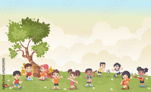 Green grass landscape with cute cartoon kids playing. Sports and recreation.