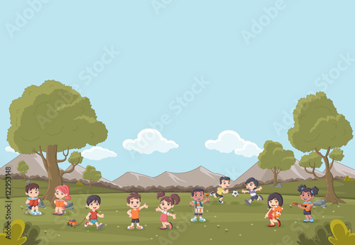 Green grass landscape with cute cartoon kids playing. Sports and recreation.
