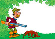 © Verzh - The illustration shows a male hunter with a shotgun and a dog on the background of foliage in a cartoon style, there is a place for text