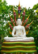 A white statue of buddha with naga's heads behind