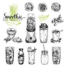 Smoothie Vector Set. Healthy Foods Illustrations In Sketch Style