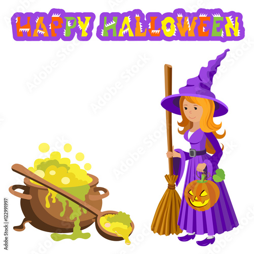 Vector Cartoon Image Of Funny Witch With Red Hair Purple Dress And