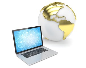 Laptop network and earth globe. 3d render