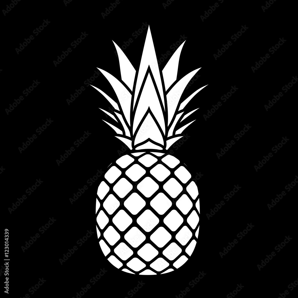 Pineapple with leaf silhouette icon. Tropical fruit isolated on black ...