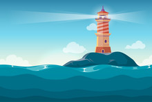Lighthouse On Rock Stones Island Cartoon Vector Background
