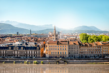 Morning Cityscape View On The Old Town With Mountains And River In Grenoble City On The South-east Of France