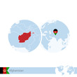 Afghanistan on world globe with flag and regional map of Afghanistan.