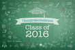 Graduation congratulations class of 2015 text message greeting announcement with freehand doodle chalk sketchy drawing on grunge green chalkboard background: Graduation celebration conceptual idea