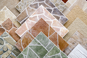 Samples of a colorful ceramic tile closeup