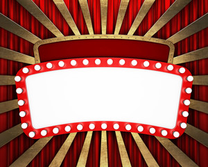 Wall Mural - Retro cinema banner with red curtain and rays. 3D rendering