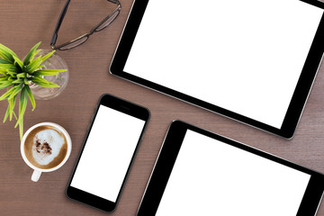 Aufkleber - phone and tablet blank screen on table top view, mock up smart p