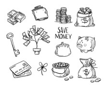 Hand Drawn Vector Illustrations - Save Money. Doodle Design Elements: Money Tree, Piggy Bank, Wallet, Bank Card, Luck