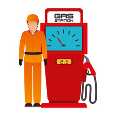 Poster - avatar industrial worker with safety equipment and gas station pump icon. vector illustration