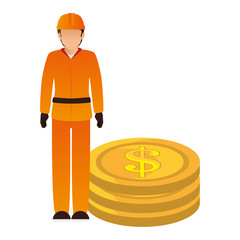 Poster - avatar industrial worker with safety equipment and money coins icon. vector illustration