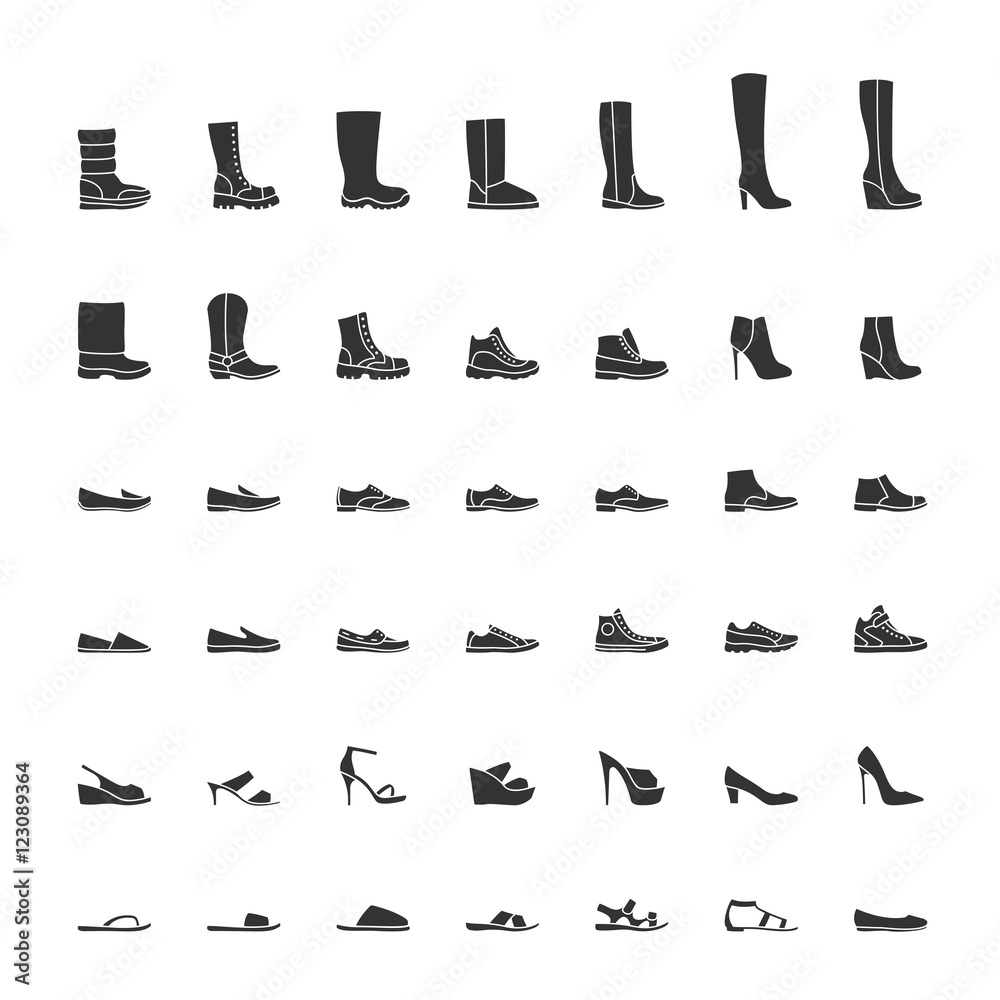 Black shoes icon set, men and women fashion shoes. Vector illustration - obrazy, fototapety, plakaty 