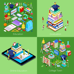 Poster - Isometric Educational Concept. Online Education, College Town, Graduation with Cap and Students. Vector 3d flat illustration
