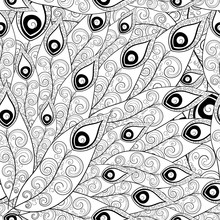 Peacock Feather Vector Seamless. Monochrome Black White Decorative Pattern With Bird Feathers. Design For Background, Wallpaper, Coloring Book, Wrapping Paper Or Decoration Elements.