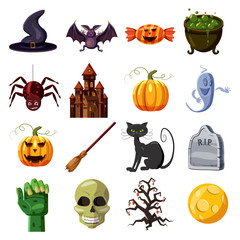 Sticker - Halloween icons set. Cartoon illustration of 16 Halloween vector icons for web