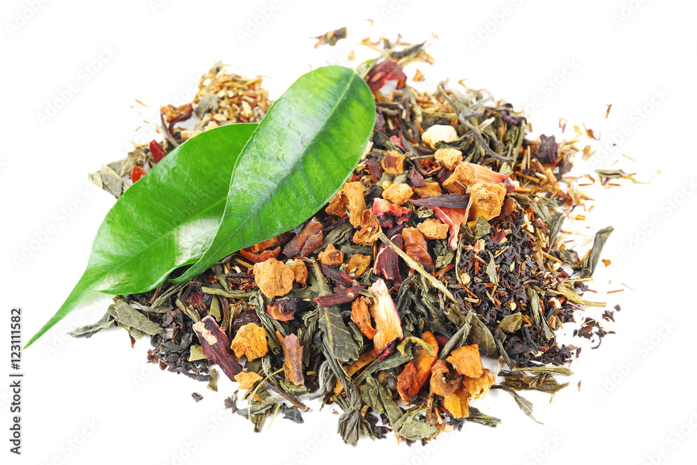 Assortment of dry tea on white background