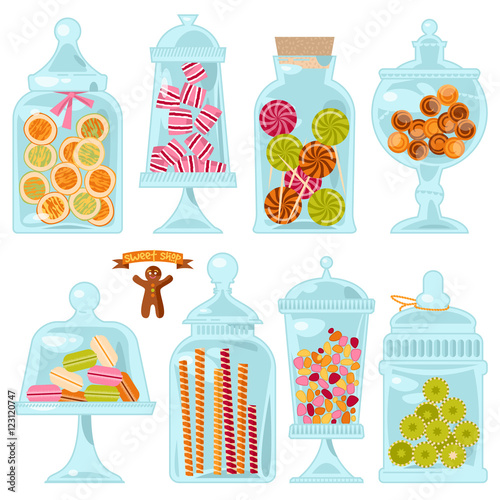 Fotografía Sweet shop. Glass jars of various forms with different candies.