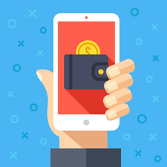 Poster - Hand holding smartphone with wallet and coin on screen. Online payment, internet banking, pay with your cellphone, mobile wallet graphic design concepts. Creative modern flat vector illustration