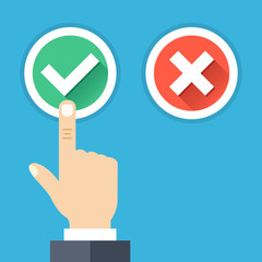 Poster - Hand pushing button with checkmark. Green tick and red cross round buttons set with long shadows. Difficult choice, tough decision, choose between yes and no concepts. Flat design vector illustration