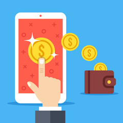 Poster - hand tapping on coin on smartphone screen, gold coins falling to wallet. earn money online, pay per 