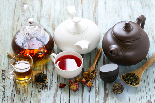Fotografie, Obraz Tea Party Still Life assortment tea, black, green, fruit