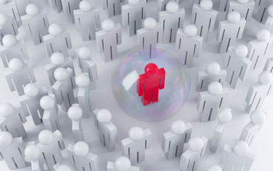 3d people and one special and red in a protective bubble on gray background