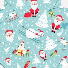 Christmas Seamless Pattern. Colour Flat  Design With Santa Claus